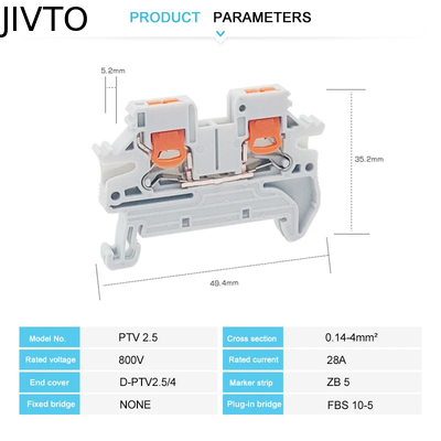 PTV 2.5 DIN Rail Terminal Block Side-Entry Push-in Connection 2.5mm² 26-12AWG Cable Wiring Electrical Wire Connector